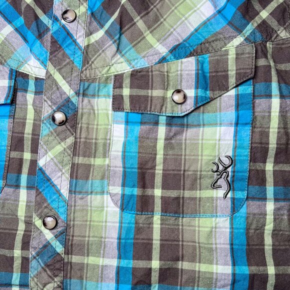 Browning Short Sleeve Western Plaid Shirt Green Blue Brown Snap Size Medium - Picture 4 of 7